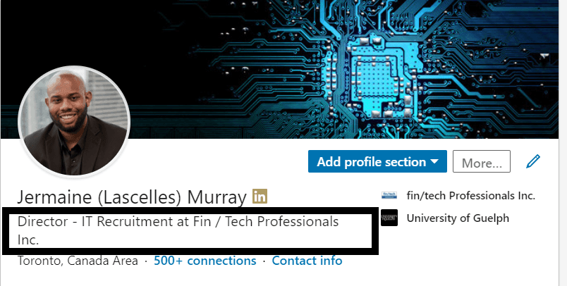 A screenshot of the segment of a LinkedIn profile containing the profile photo and headline with a red box around user's job title